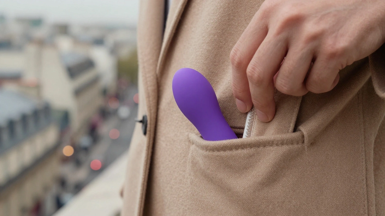 A discreet vibrator barely visible in a coat pocket against a blurred city backdrop.