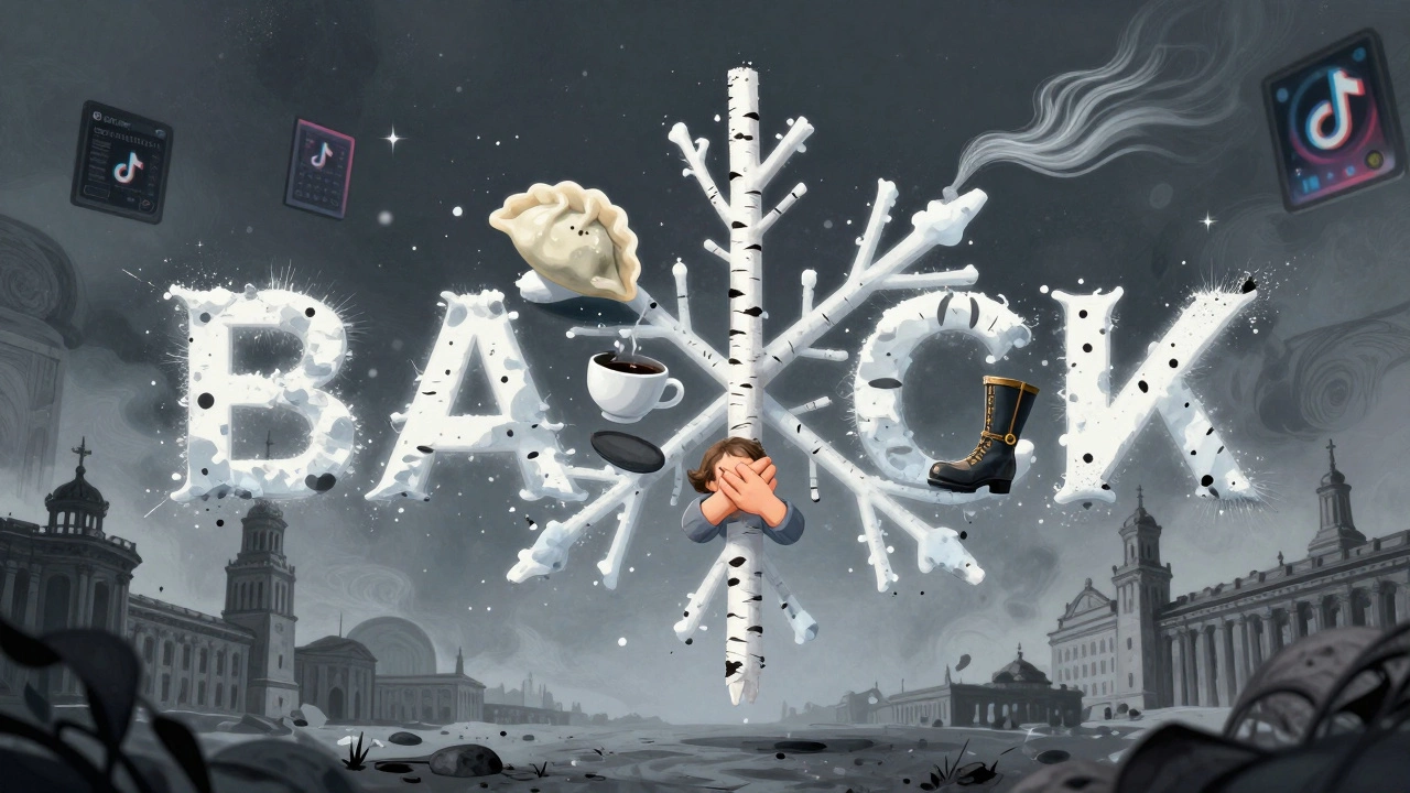 A floating Cyrillic word breaking into symbols of Russian culture—pelmeni, birch trees, teacups, and whispered memories in a starry void.