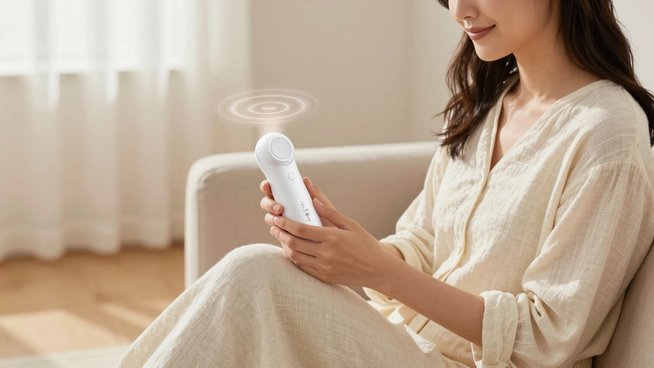 A woman smiling softly while holding a quiet vibrator on a cozy sofa.