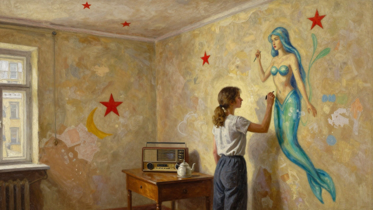 A young woman painting a mythical water nymph on a Soviet-era apartment wall, tea steaming on the table beside her.